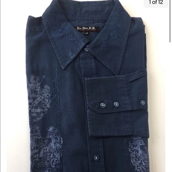 For Him U.K. Men Long Sleeve Shirt Large Navy Embroidered Print - Picture 14 of 14